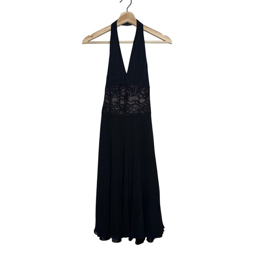 Vintage Carmen Marc Valvo 100% Silk Black Halter Dress Beaded Waist Size 4
